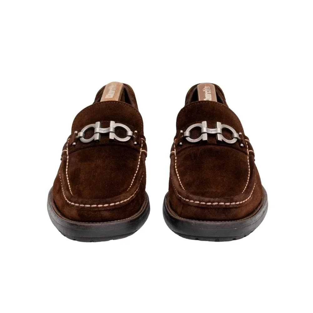 $849.00! Salvatore Ferragamo Gancini‎ Logo Suede Loafers Brown Men's US 8.5 D